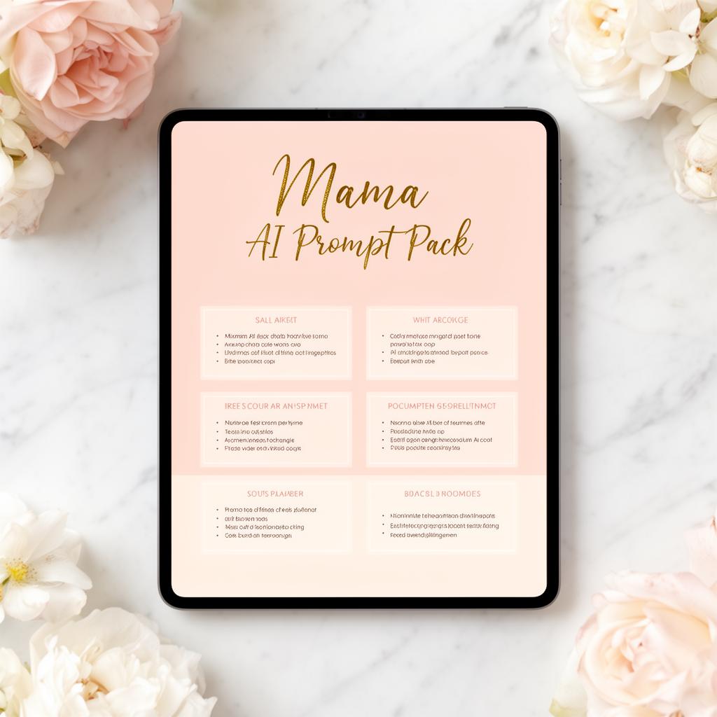 Mama AI Prompt Pack - Digital prompts displayed on tablet with blush pink aesthetic for content creators